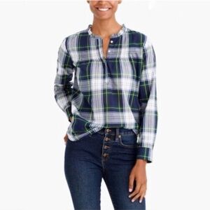 J. Crew Printed Pintuck Popover Navy and Green Plaid Shirt Size 4